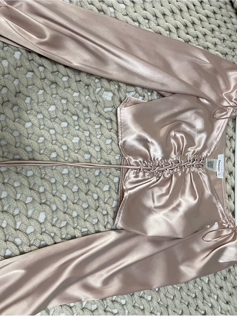 Satin Lace-Up Long Sleeve Crop Top - Blush Pink